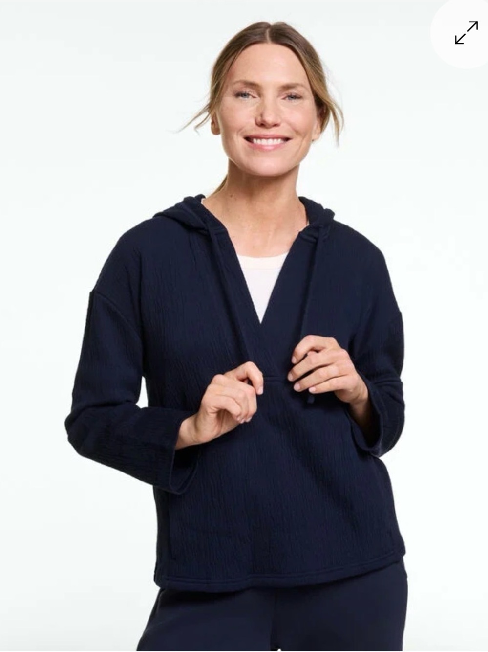 Talbots Navy Crinkle Gauze Boho Hoodie V-Neck Pullover NWT